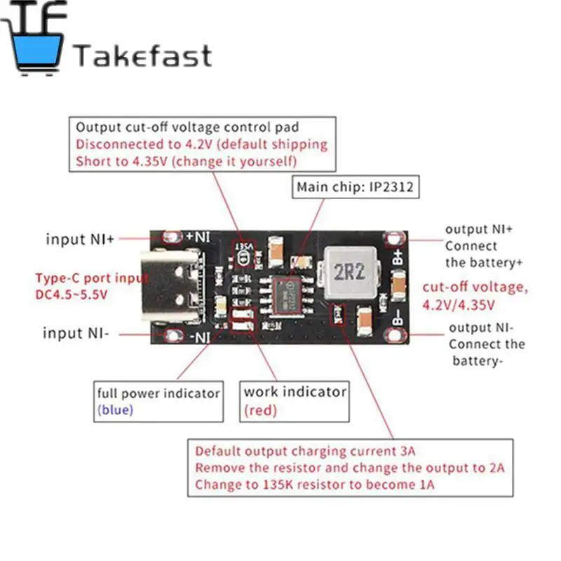 Type-C USB Input High Current 3A Polymer Ternary Lithium Battery Quick Fast Charging Board IP2312 CC/CV Mode 5V To 4.2V