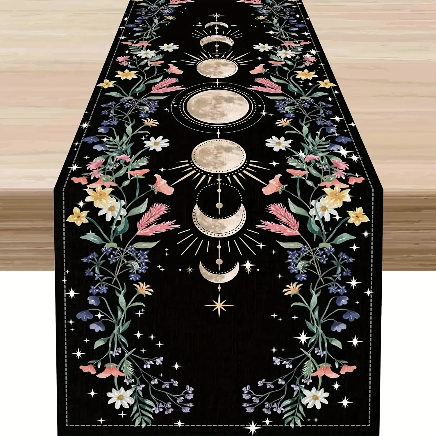 Mystical Moon Phase & Wild Floral Linen Table Runner Gothic Witch Design, Black with Vibrant Colors, Perfect for Home, Kitchen