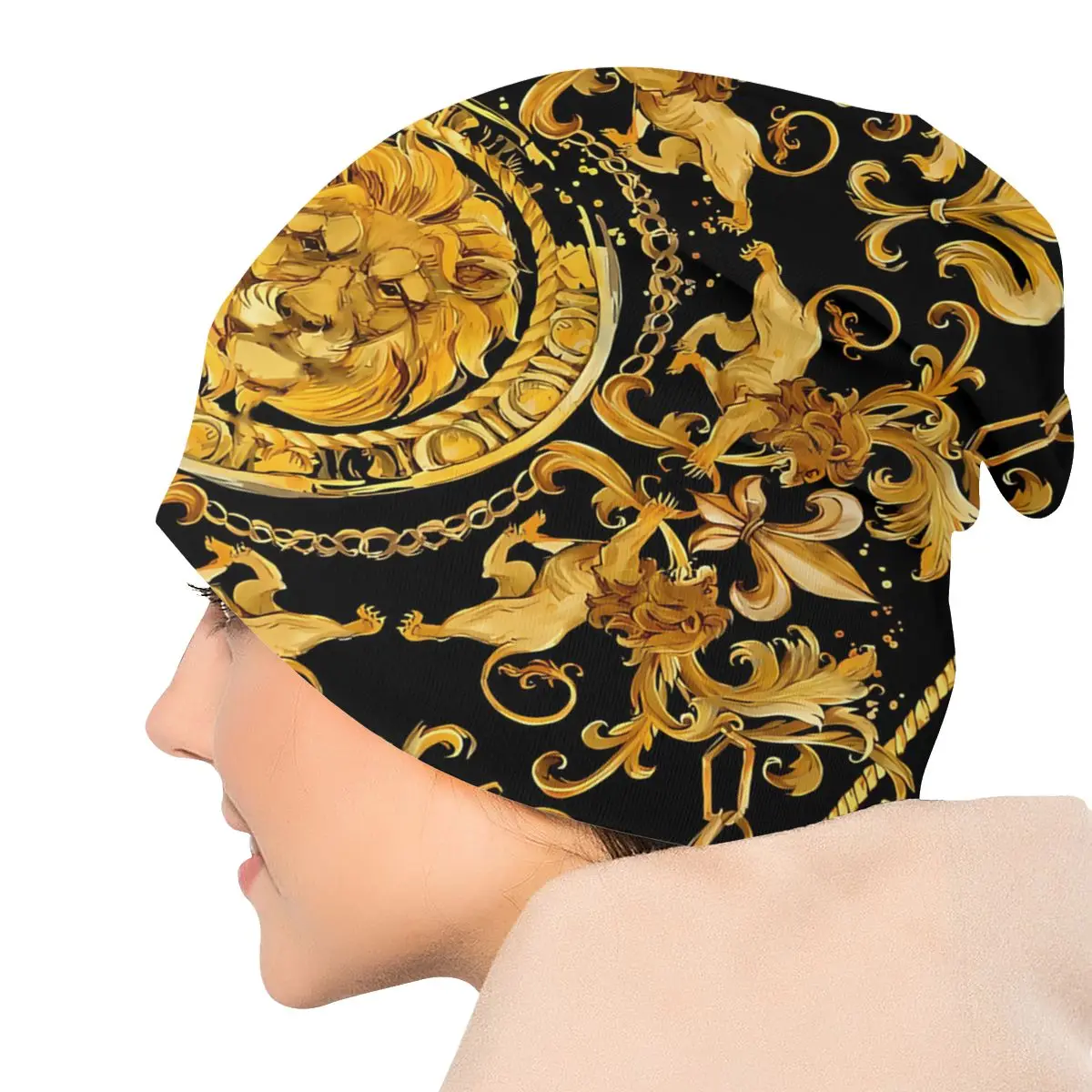 Golden Lion And Damask Skullies Beanies Fashion Hats Luxury Design Thin Bonnet Special Caps Men Women\'s Earmuffs