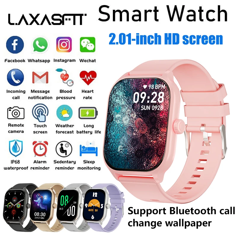 LAXASFIT New Smart Watch 2.01inch HD Screen Bluetooth Voice Call Message Alert IP68 Waterproof Sports Fitness Smart Watch