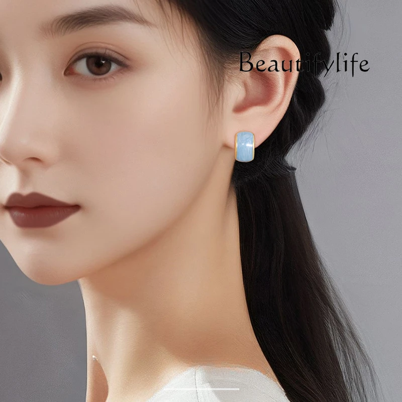 Suitable for spring oil painting feeling, blue ear clips, women's no ear piercings, painless mosquito coil disc earrings, summer