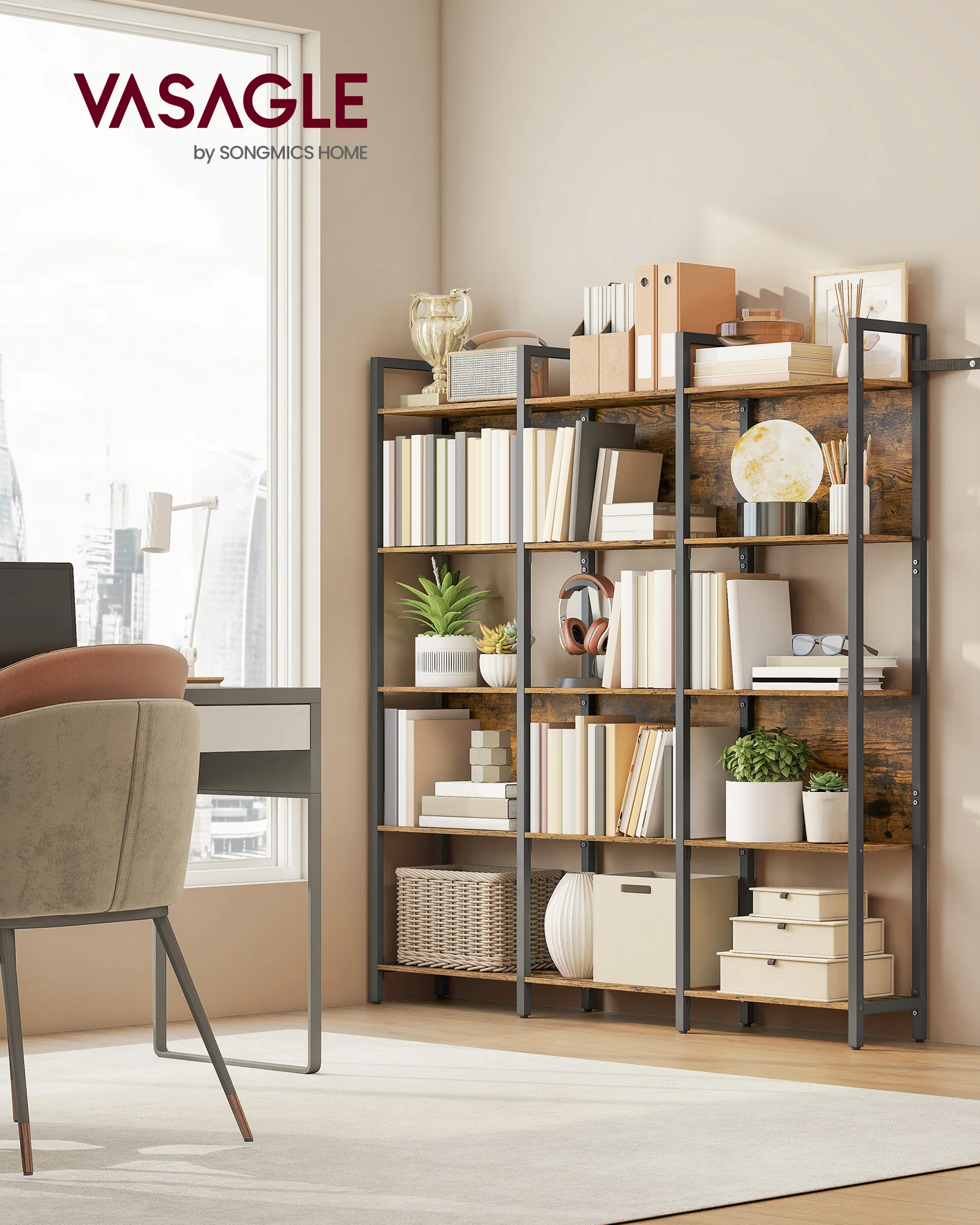 Librería de 5 niveles, estante de almacenamiento de cocina, para oficina, dormitorio, 24 x 128 x 154,1 cm, estilo industrial, marrón rústico y negro de tinta