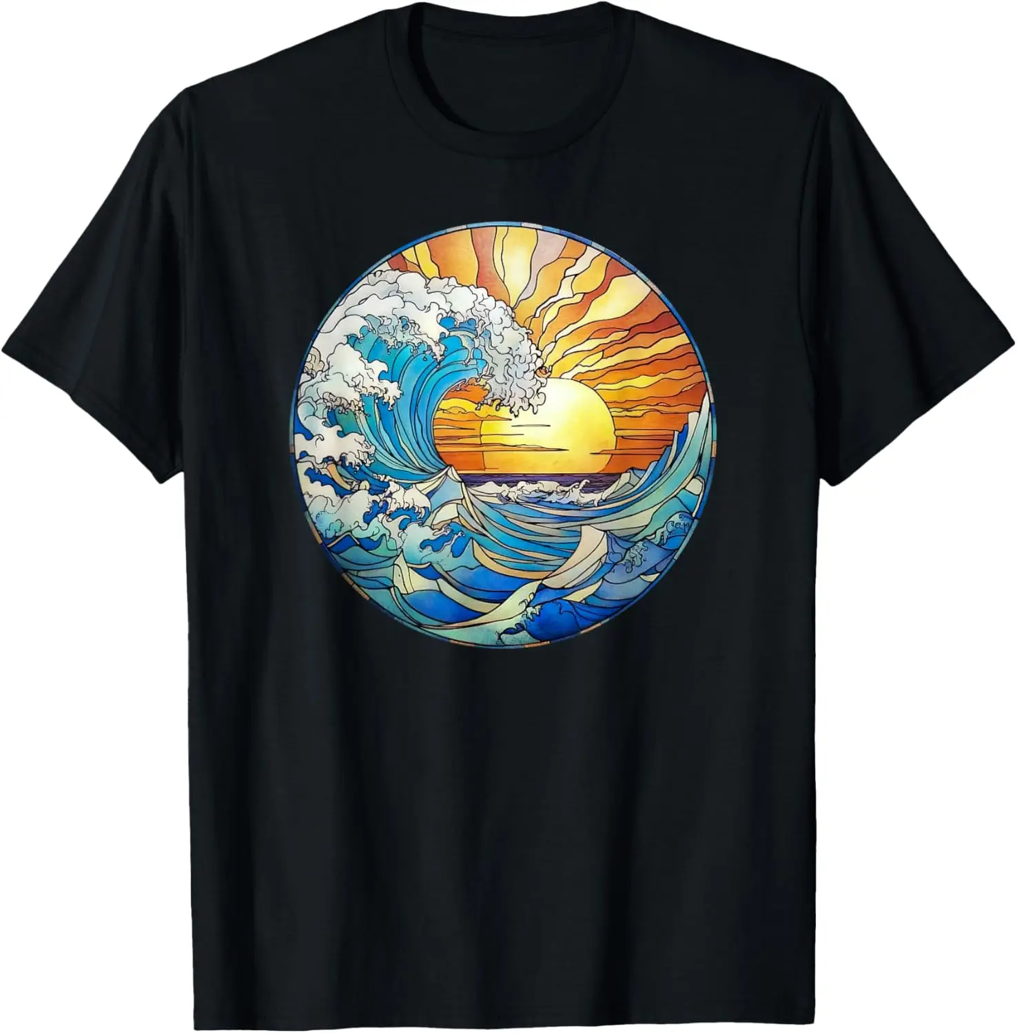 Ocean Wave Cloud Sunset Stained Glass Pattern Print T-Shirt