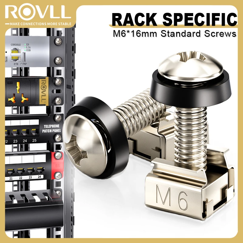 ROVLL M6 X 16mm Rack Mount Cage Nuts Screws with Washers for Server Cabinet Shelves Patch Panel Network Rack Hardware Kit