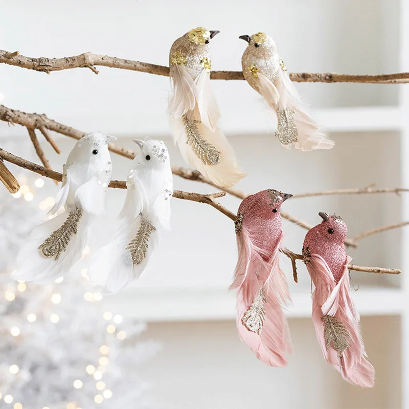 2pcs Simulation Foam Feather Birds Champagne White Pink Tree Garden Decoration Valentine's Day Wedding Party Home Decorations ﻿