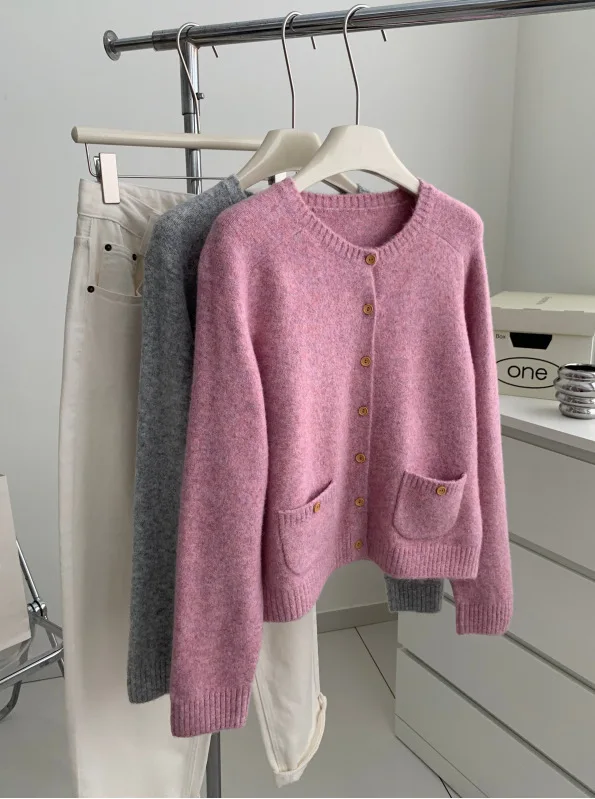 Pink Knit Cardigan Round Neck Gray Sweater Cardigan Women Autumn Winter, Loose, Soft Knitted Jacket