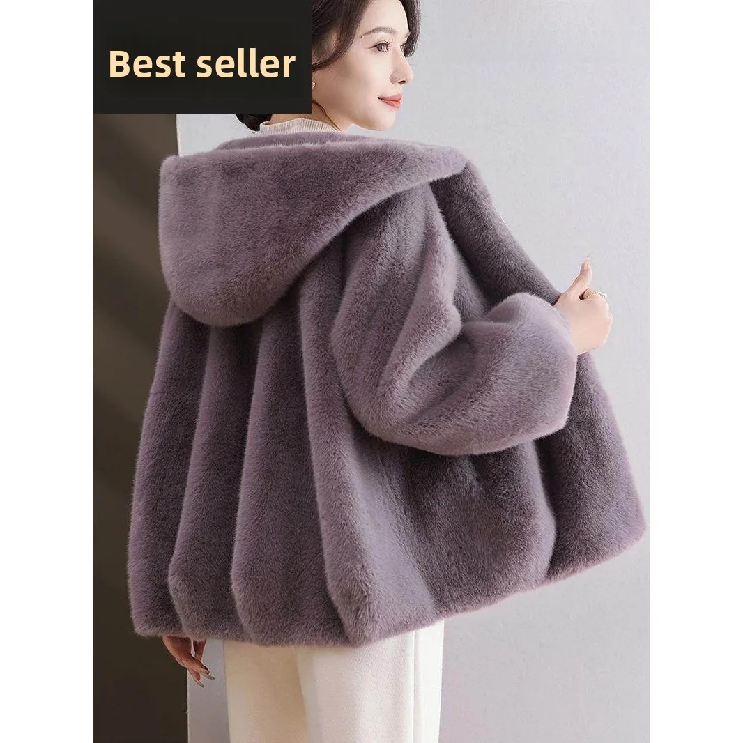 

Eco-Friendly Women's One-Piece Velvet Fur Coat with Hood 2025 Autumn Winter Faion Korean Sle Long Sve Thiened Outerwear