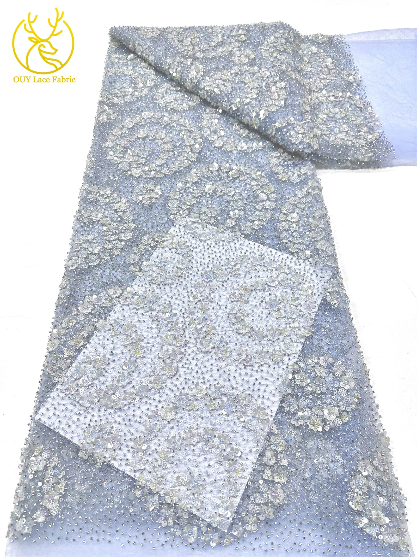 Exquisiter, eleganter nigerianischer bestickter Tüll-Spitzenstoff mit Perlen und Pailletten für Damen, zum Nähen von Ballkleidern. – Detail 14