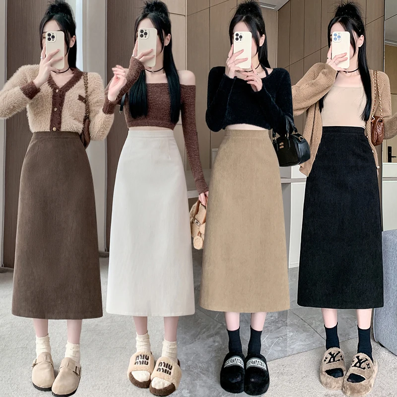 Elegant corduroy skirt women Autumn Winter A line Midi skirt Daily dating look SK0610