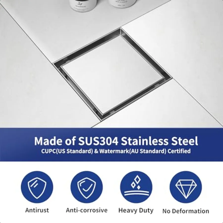 استنزاف دش مربع 6 استنزاف أرضي مصقول مع مصفاة شعر مبلطة 304 حمام من الفولاذ المقاوم للصدأ 2in1 مبلطة في استنزاف C