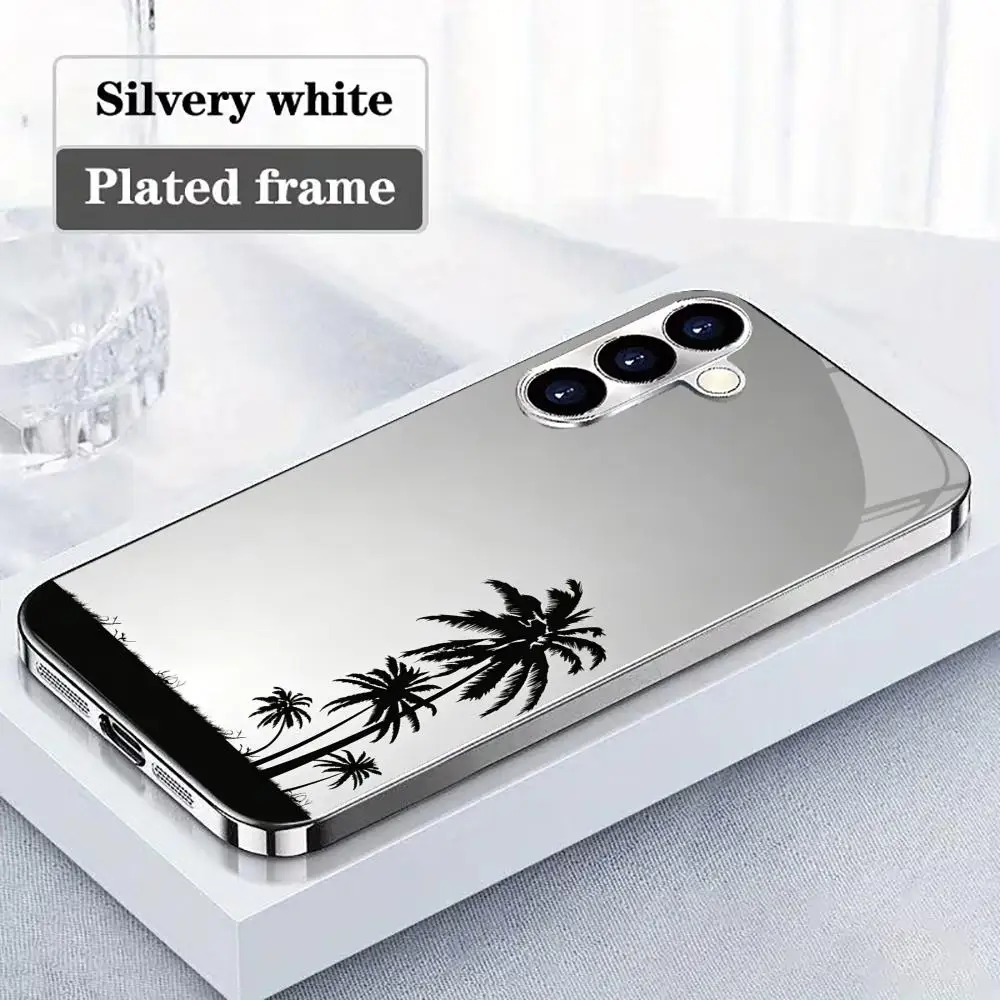 High-grade black coconut-pattern electroplated glass Phone Case suitable for Samsung S26/S25/S24/S23/S22/S21 and other models