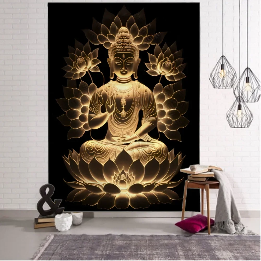 Indian Buddha Statue Tapestry Wall Hanging Lotus Meditation Mandala Wallpaper Home Living Room Bedroom Studio Wall Decoration