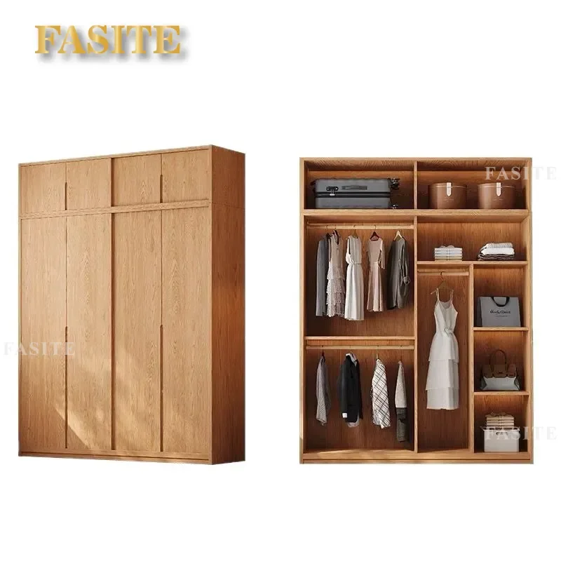 for All Solid Wood Oak Sliding Door Wardrobe Household Bedroom Storage Cabinet Nordic Log Style Small Apartment Large