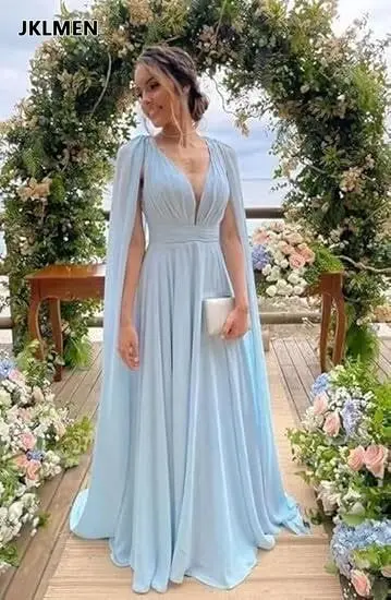 

Chiffon Bridesmaid Dresses for Women Long Pleated Cape Sleeves V Neck Formal Evening Dress A Line Ball Gown