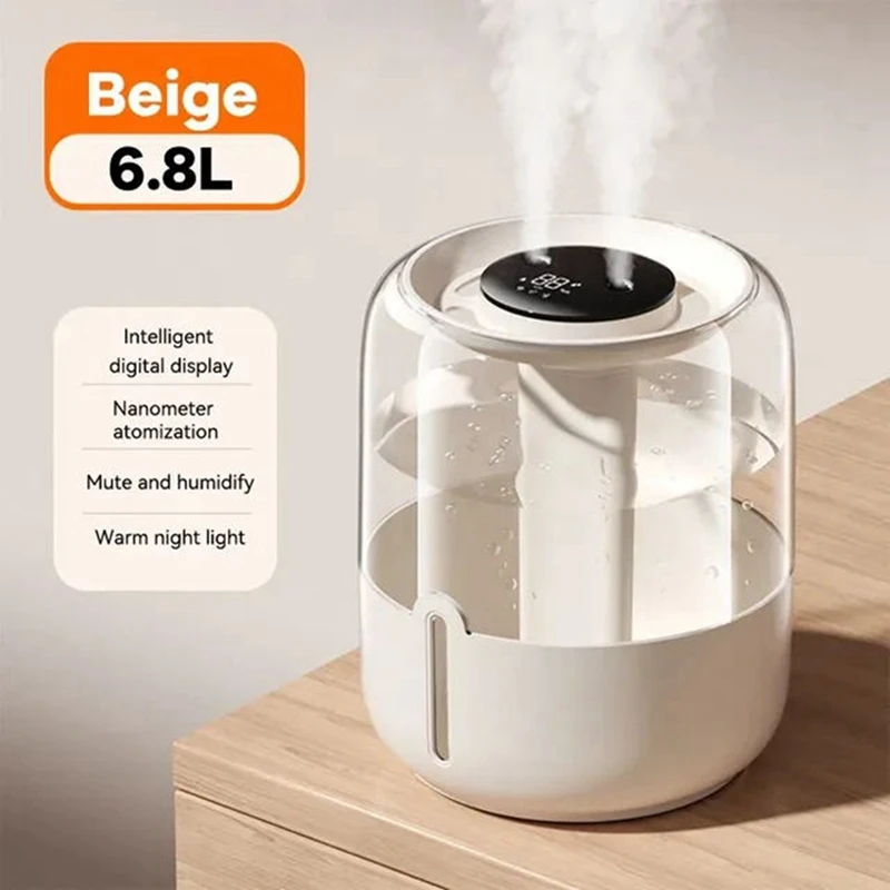 6.8L Large Capacity Humidifier USB Double Quiet Humidifier Home Dormitory Bedroom Desktop with Night Light Beige
