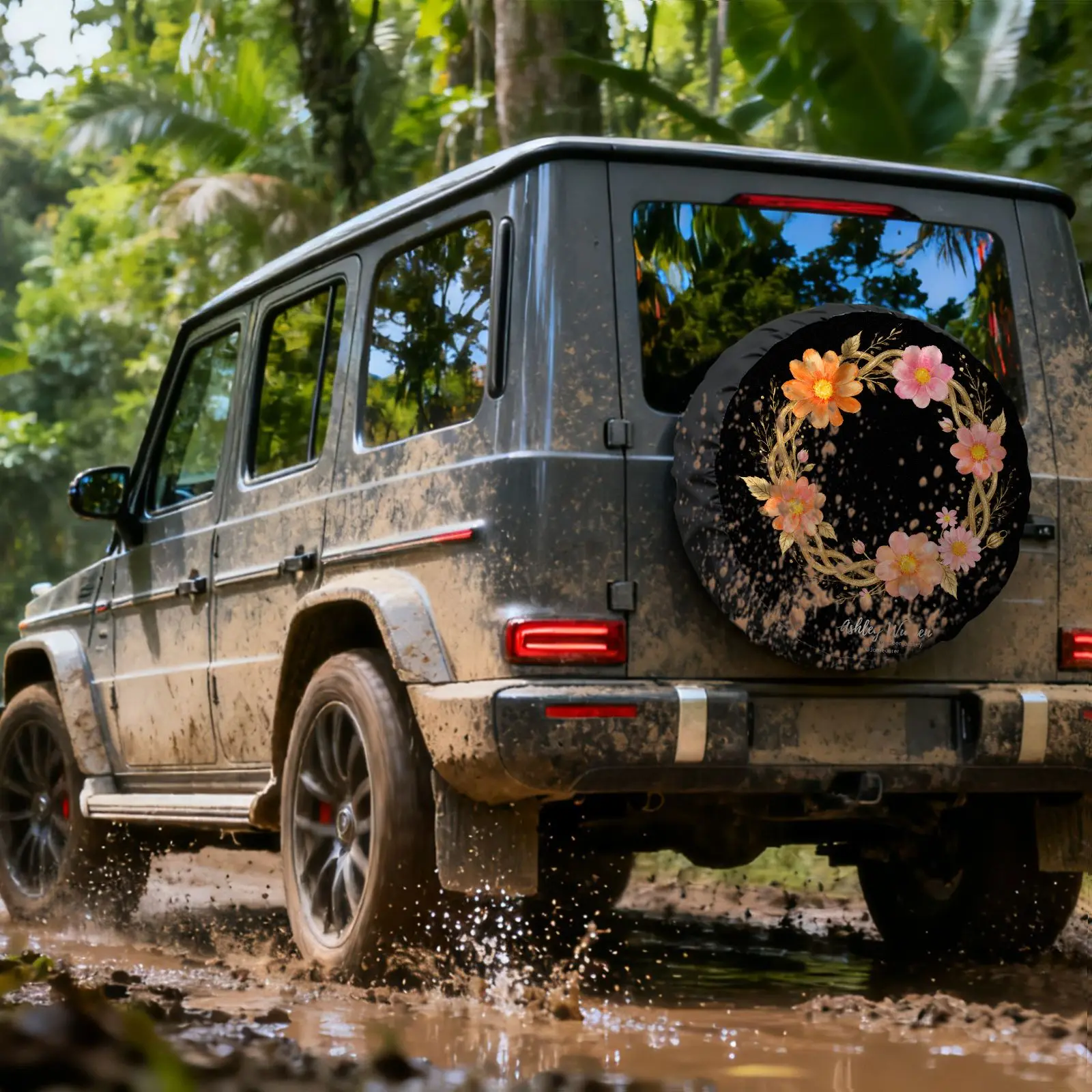 

Round Golden Floral Patterned Tire Cover Made Of Polyester Fiber, Featuring A Symmetrical Floral Design. It Is Suitable For Spar