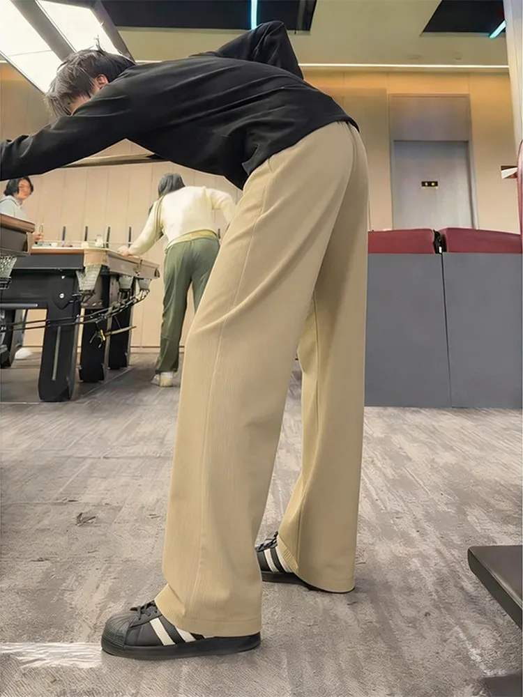 Quick Dry Ice Silk Men's Casual Pants Summer Drapey Loose Straight Leg Wide Leg Trousers Wheat Ear Pattern Mili Beige