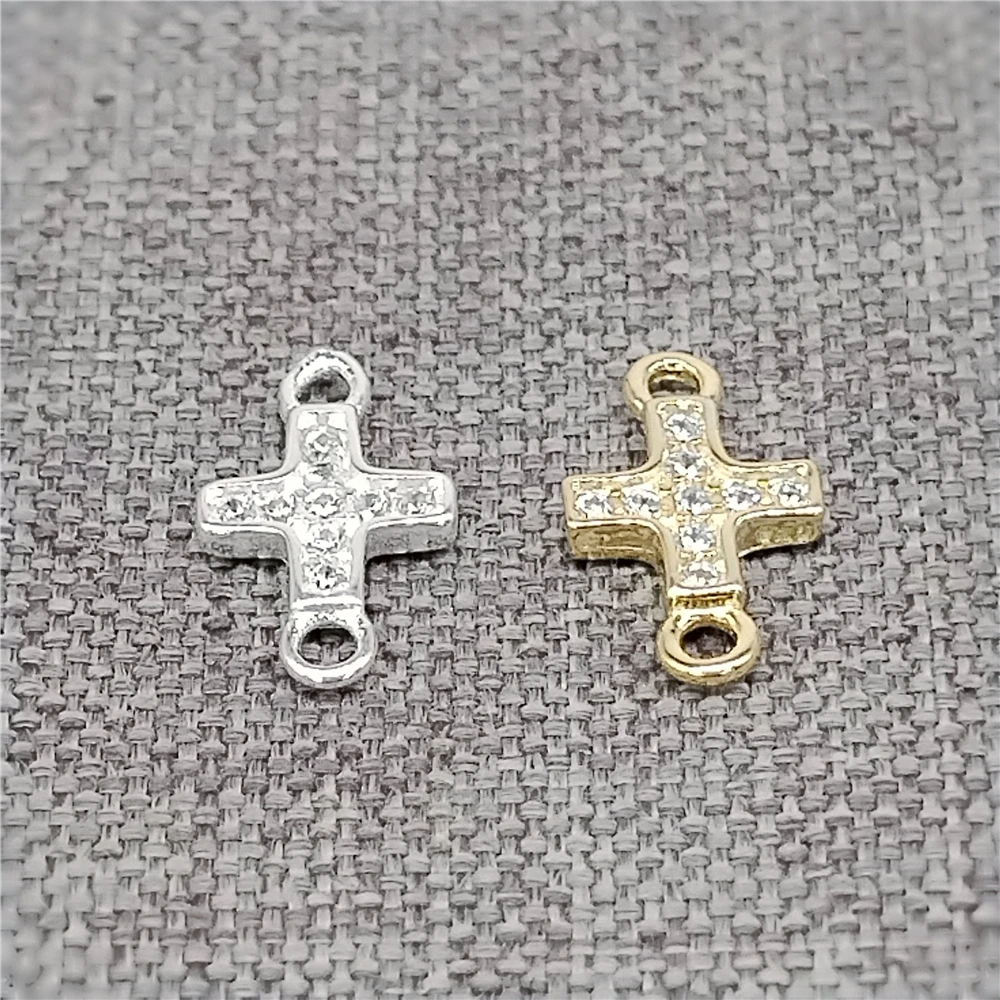 2 Sterling Silver CZ Double Loops Cross Charms 925 Silver Tiny Religious Connectors Links