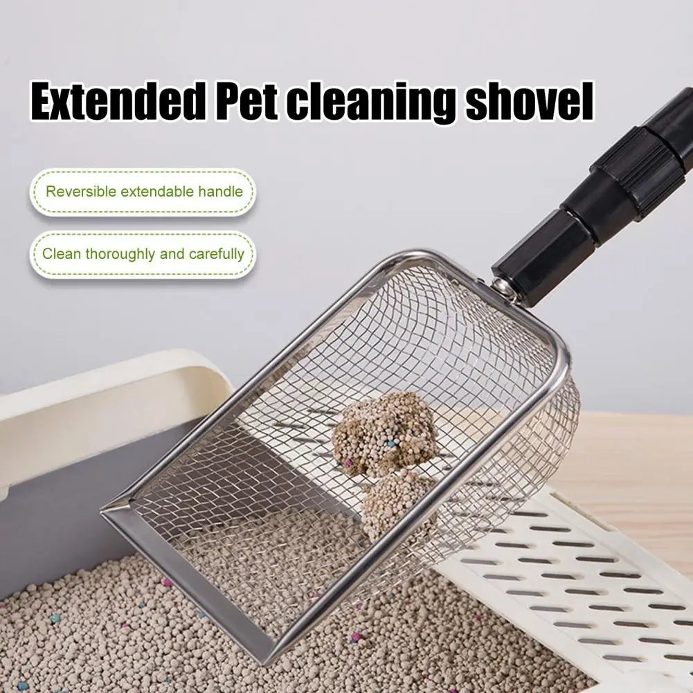 Stainless Steel Cat Litter Shovel Extendable Stainless Steel Cat Litter Scoop with 3-section Handle Heavy Duty Scooper for Easy
