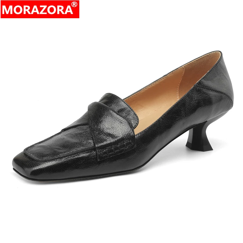 

MORAZORA Plus Size 34-42 New Genuine Leather Shoes Women Pumps Mid Heels Square Toe Fashion Office Dress Shoes