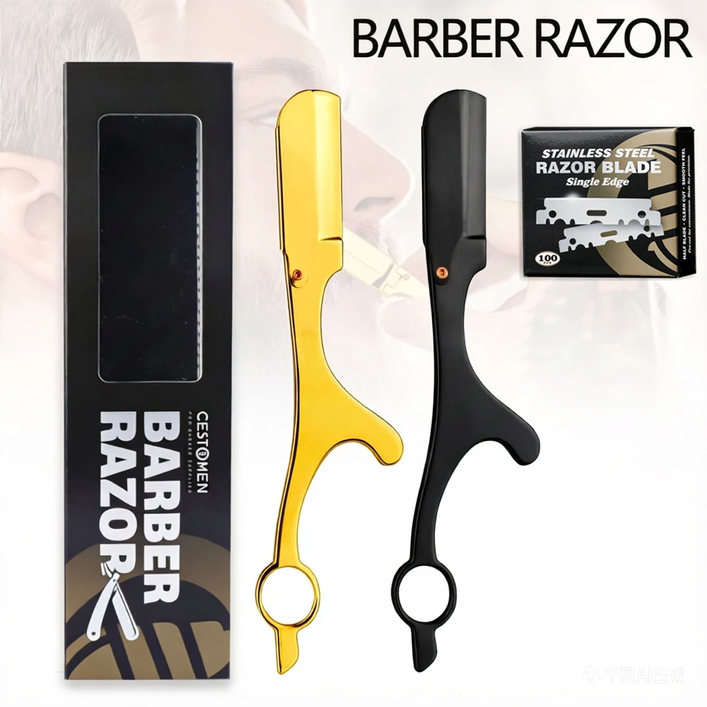Navaja de Afeitar Profesional Manual para Barbería, Navaja para Afeitar la Barba para Hombres, Cuchilla para Depilación para Peluquería, con 100 Cuchillas Incluidas