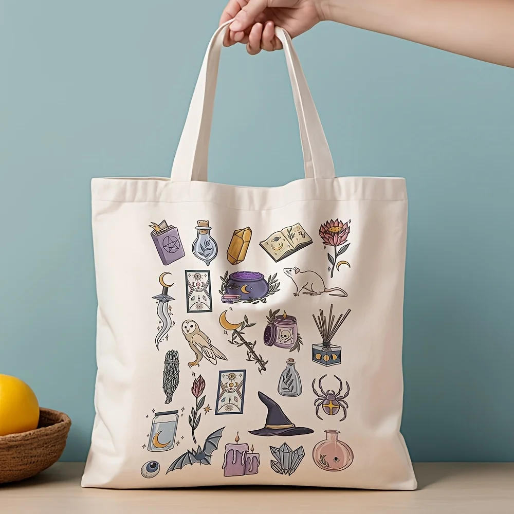 A Witchcraft Symbols Illustration Print Canvas Tote Bag, Suitable For Daily Use, Shopping, School, And Travel
