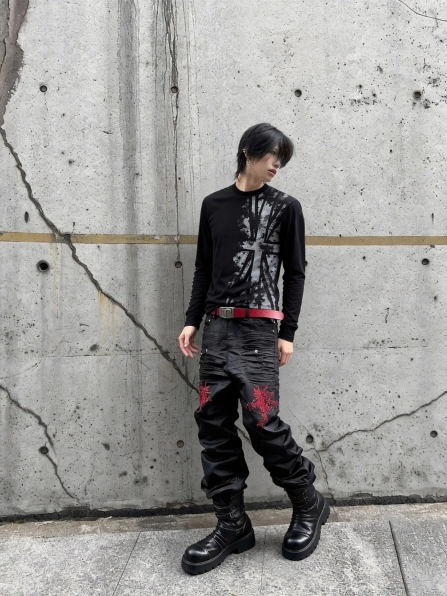 Vintage Punk Long Sleeve T-Shirt Men's Slim Fit Street Style Dark Core Print round Neck Casual Top for Spring Autumn