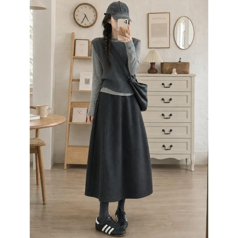 Grey Wool Blend Midi Skirt for Women High Waist A Line Umbrella Bubble Hem Fall Winter 2026 New Arrival Elegant