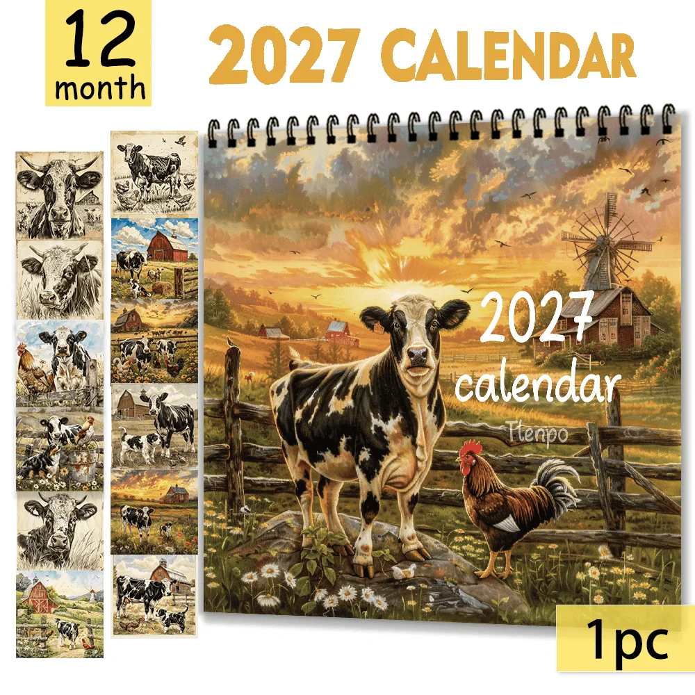 1pc 2027 Country Farm Cow Wall Calendar,12‑Month Planner,Gift for Back‑to‑School,Christmas,,New Year,Free Stickers Included