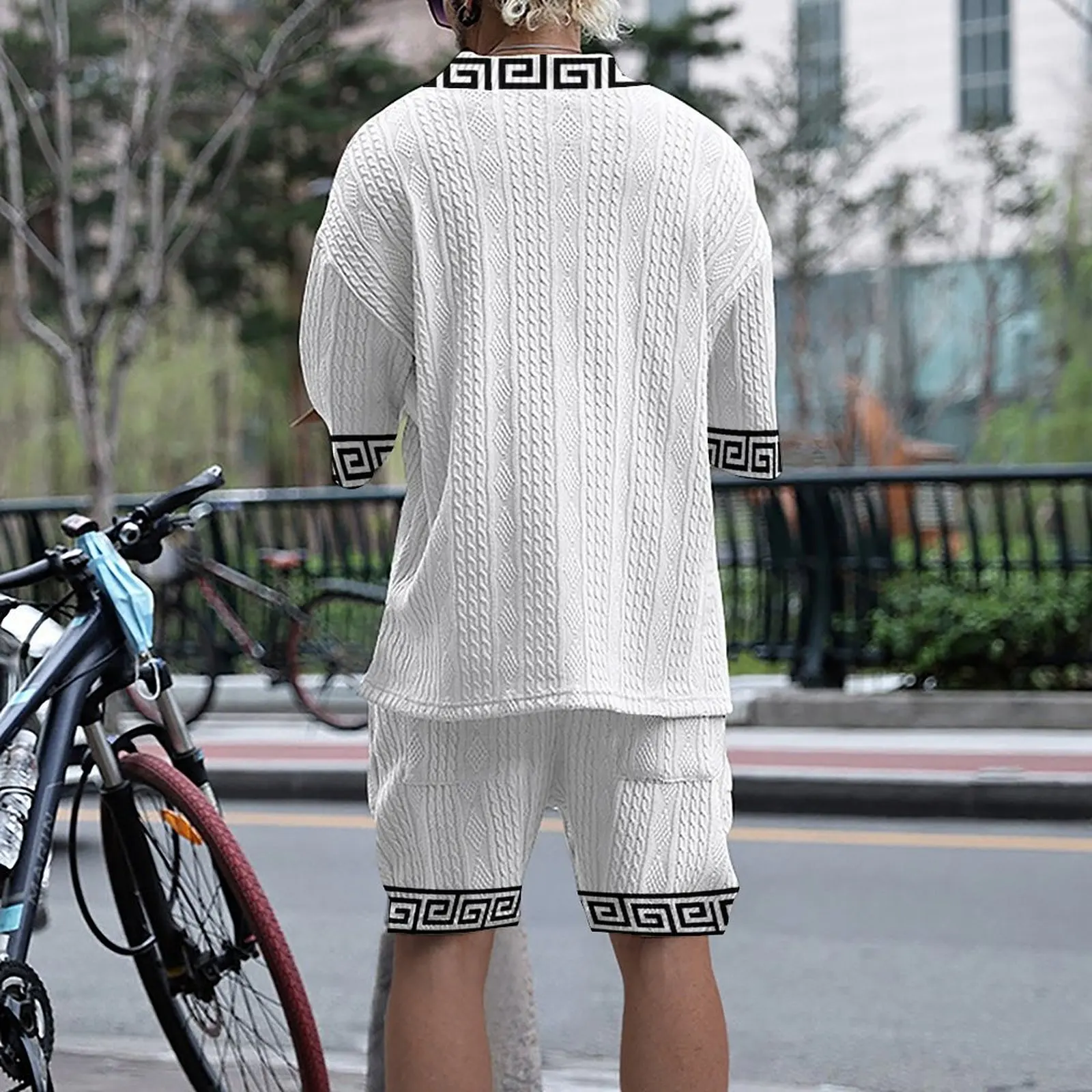 2024 new summer 3D print loose size Casual style Plus size V-neck knit men\'s suit men\'s T-shirt shorts two-piece set