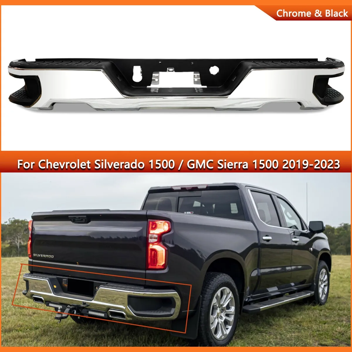 

Хромированный задний бампер, замена для Chevrolet Silverado 1500 2019 2020 2021 2022 2023, детали для губ заднего бампера с двойным выхлопом