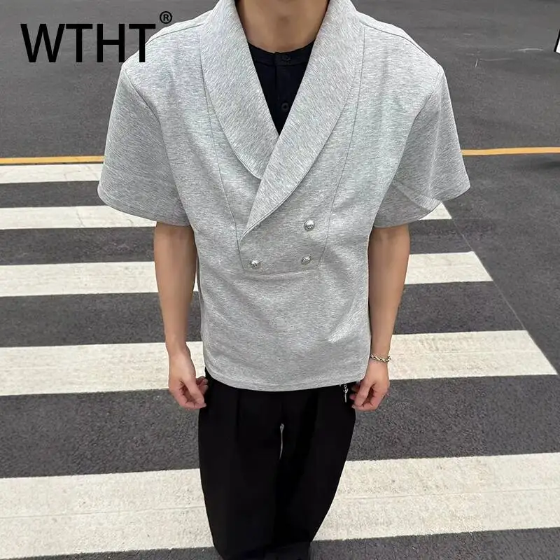 WTHT Fashion Men's Solid Color Patchwork Rivets Casual T-shirts Trendy American Style Turn Down Collar Loose Tops Male 2A3181