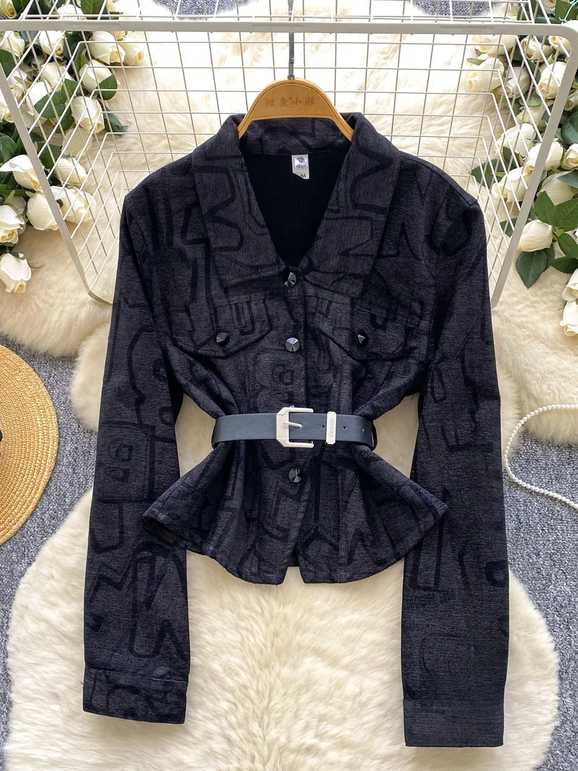 Chaqueta Retro E de Manga Larga con Estampado para Mujer, Ceco con Cinturón, Top Versátil de Otoño, Ajuste Hoado,...