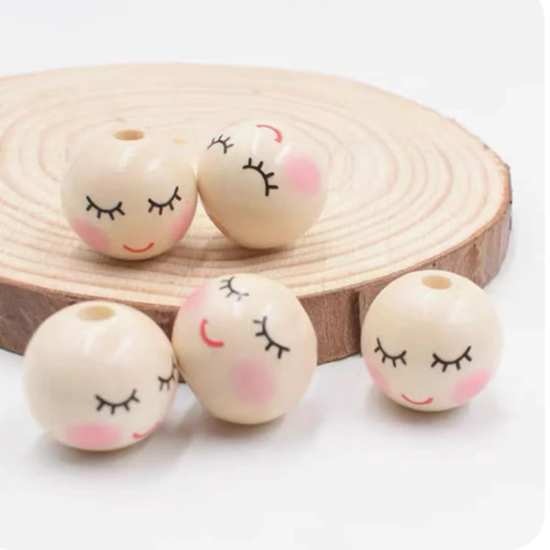 100Pcs NEW 20mm Round Face Beads Pieces Natural Wooden Decor Christmas Tree Garland Craft Smiling Face Loose For Bracelets