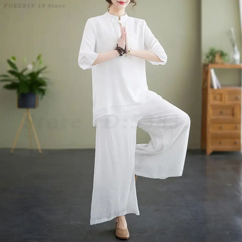 Summer New Vintage Zen Tea Yoga Suit Chinese Traditional Costume Women's Tai Chi Kung Fu Uniform Morning Exercise Tang Clothes