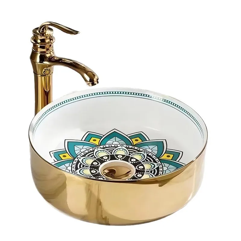 Hotel retro wash basin electroplating bathroom round crystal table basin art basin bathroom wash modern simple style