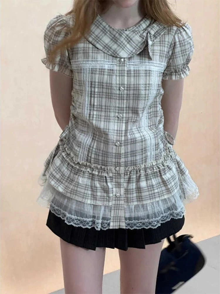 Chemise à carreaux rétro à manches bulles pour femme, Version coréenne, col de poupée, nouvelle chemise Slim en dentelle, été