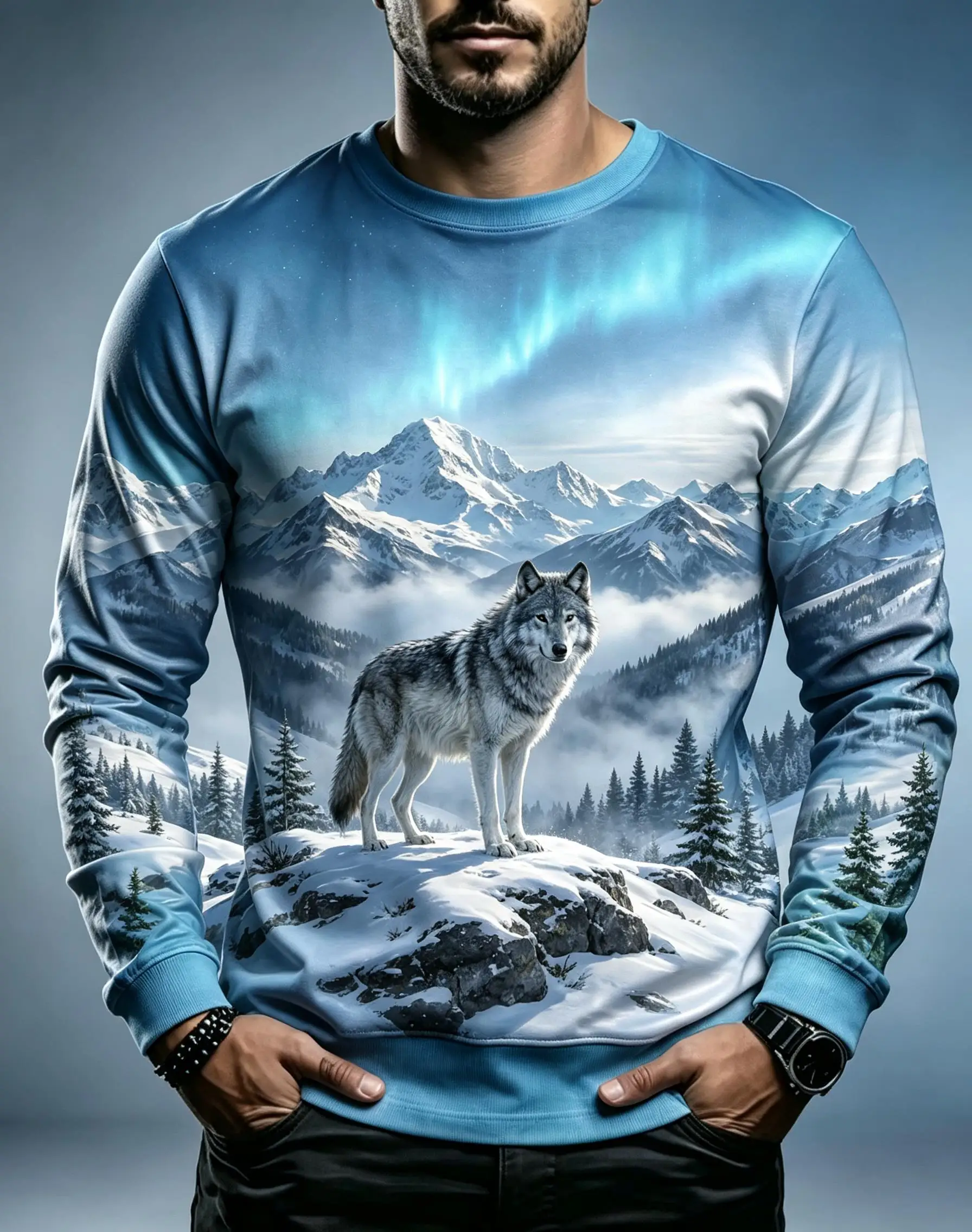 Northern Lights Snowy Mountain Wild Wolf Landscape Graphic Long Sleeve Tee, Men Polyester Outdoor Nature Shirt