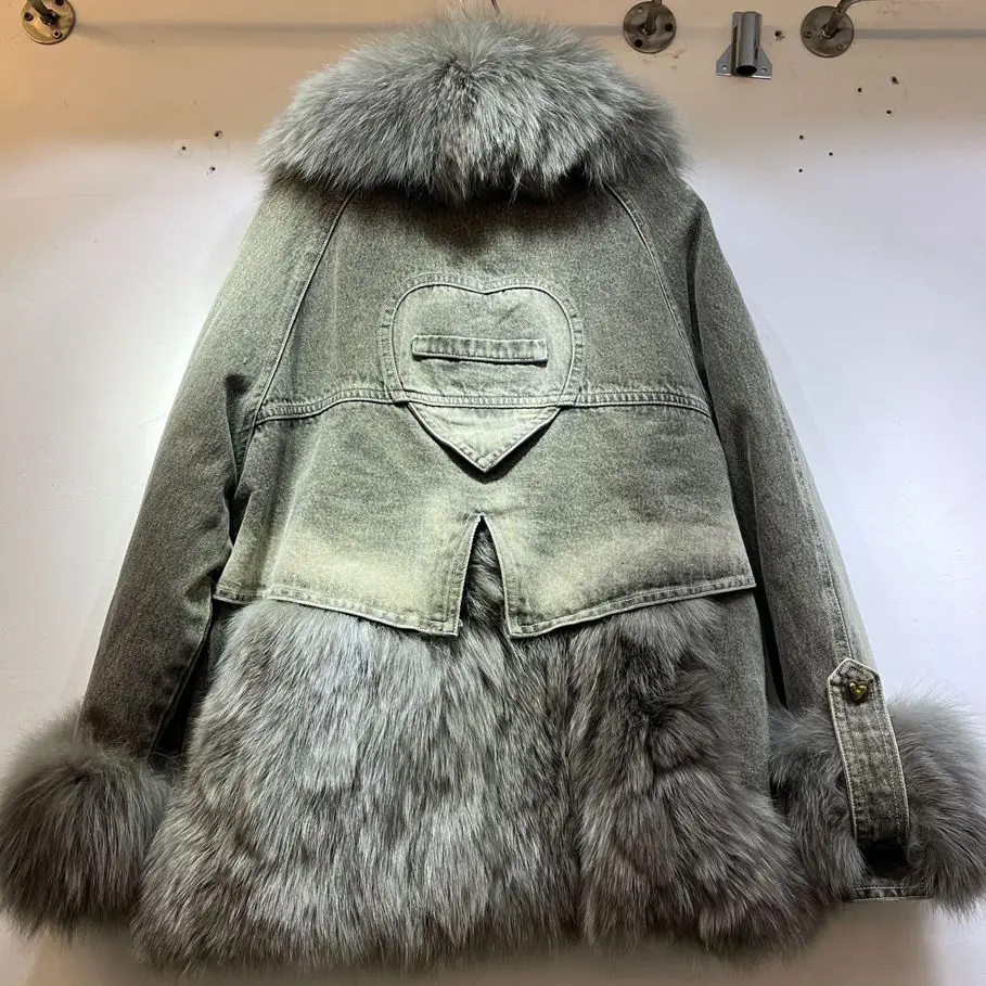 2023 Winter Fox Fur Denim Parka Fur Coat Women Fashion Chain Down Parka Female Thick Warm Genuine Fur Jacket Outerwear Y3287