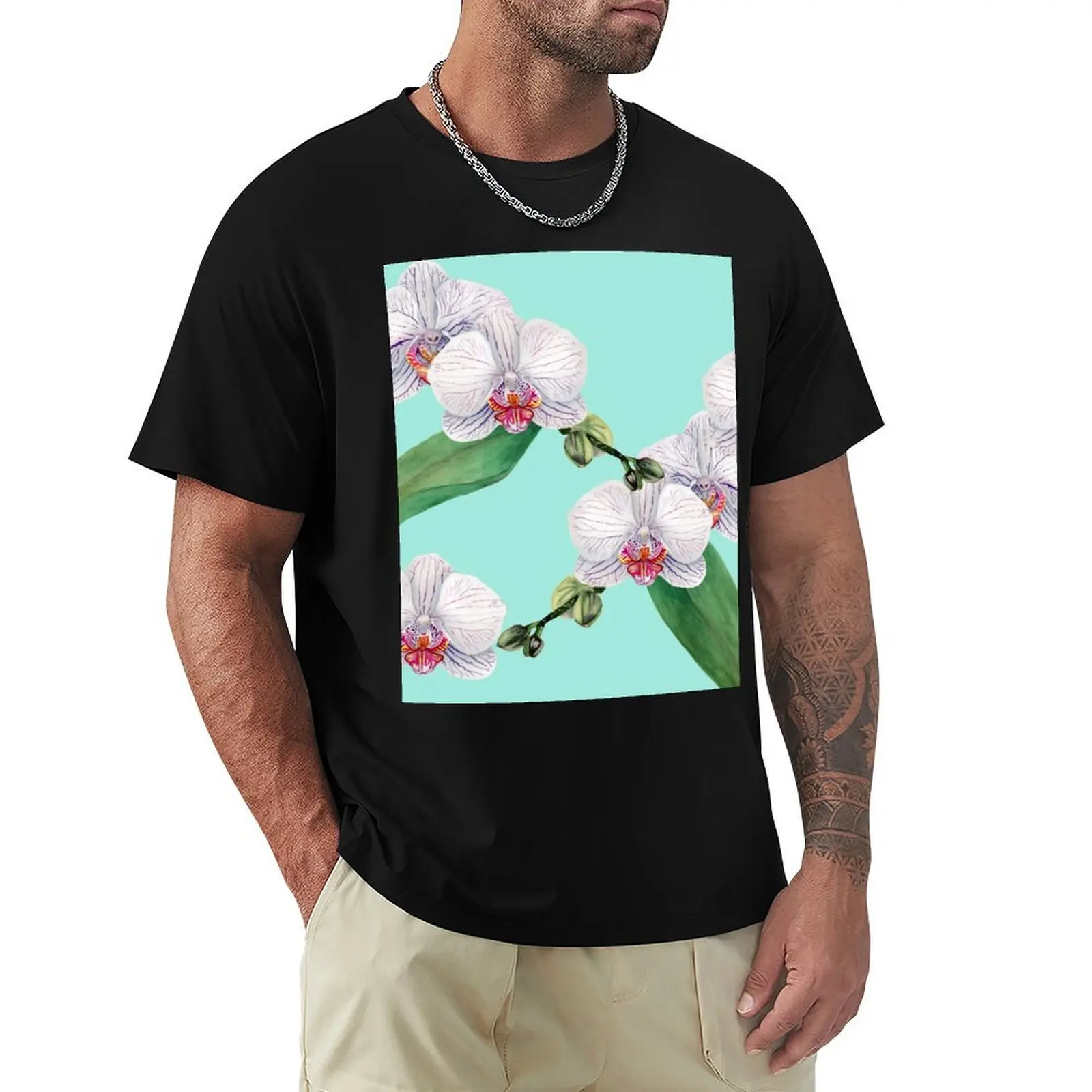 White Orchid Watercolor Pattern T-Shirt t shirts for man pack cotton T-Shirt