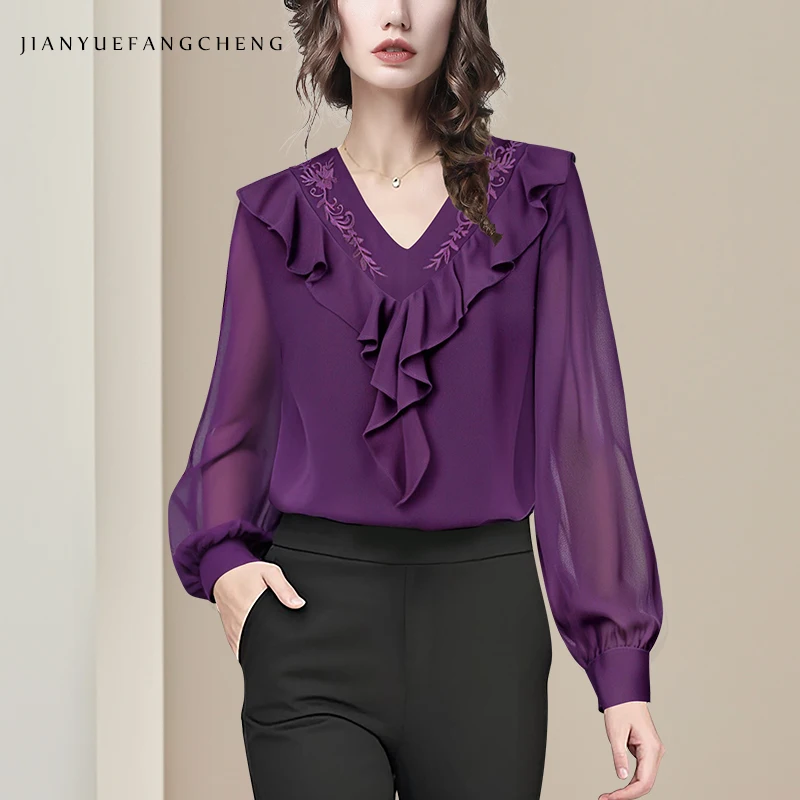 

Fashion Embroidered Women Purple Chiffon Blouse Long Sleeve V-Neck Ruffled Shirt Loose-fitting Plus Size Casual Fall Tops