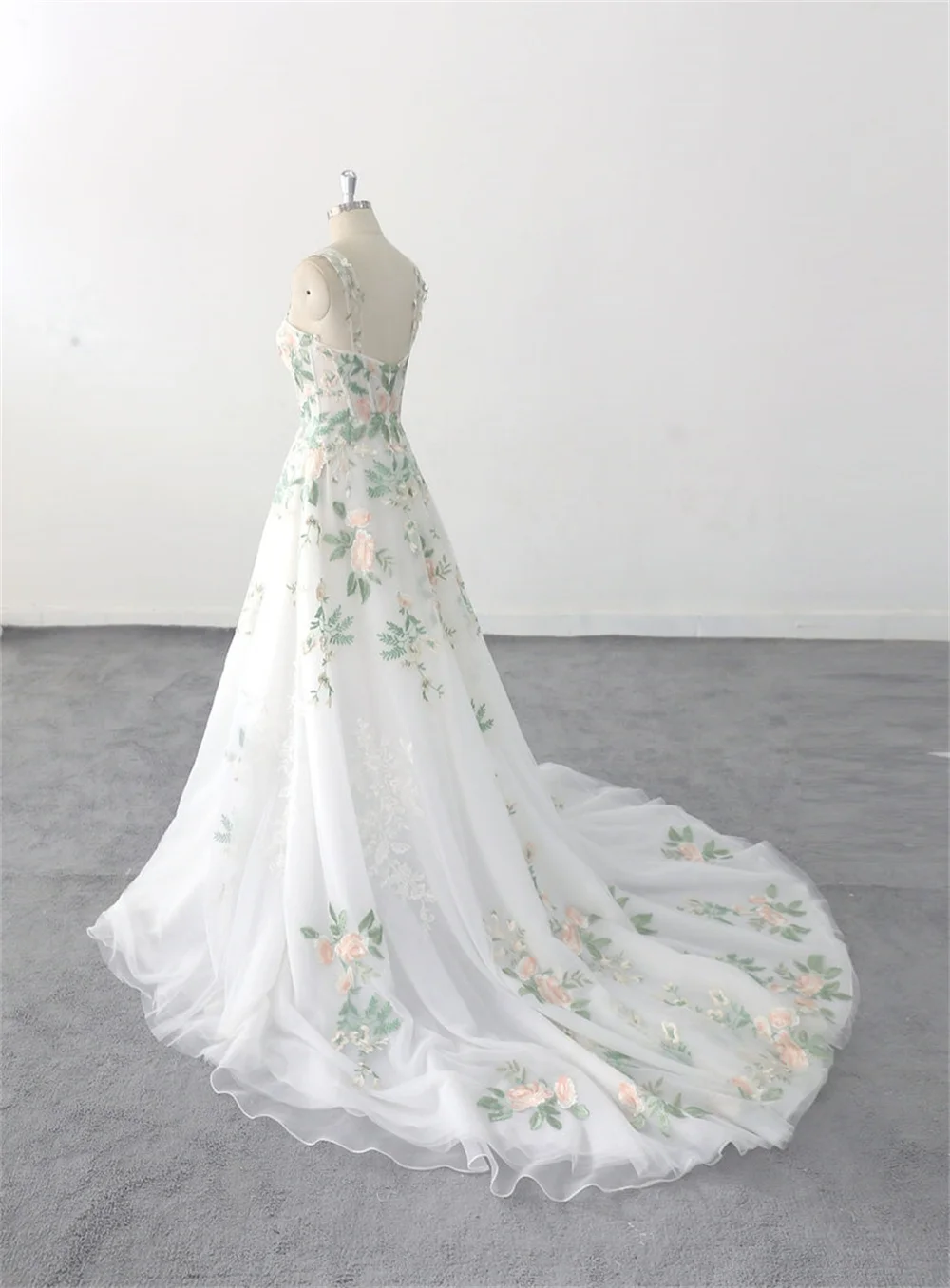 Cathy White Floral Print Wedding Dresses Long Tail A-line Tulle فساتين سهرة Elegant Sleeveless Floor-length vestidos de fiesta