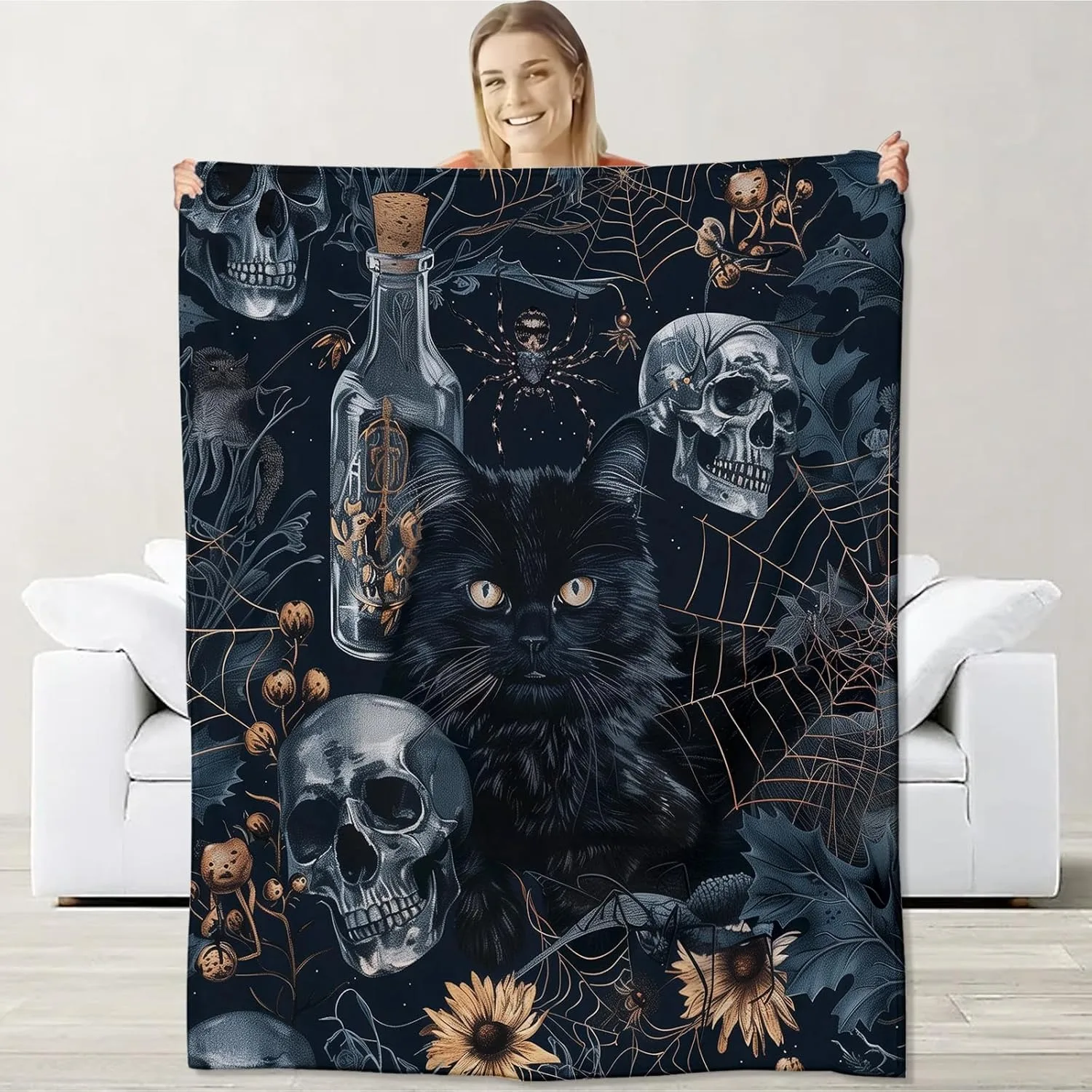 

1PC Halloween Throw Thin Blanket Skull arts black cats Flowers Gifts for friends Couch Bed Car Home Camping all season use