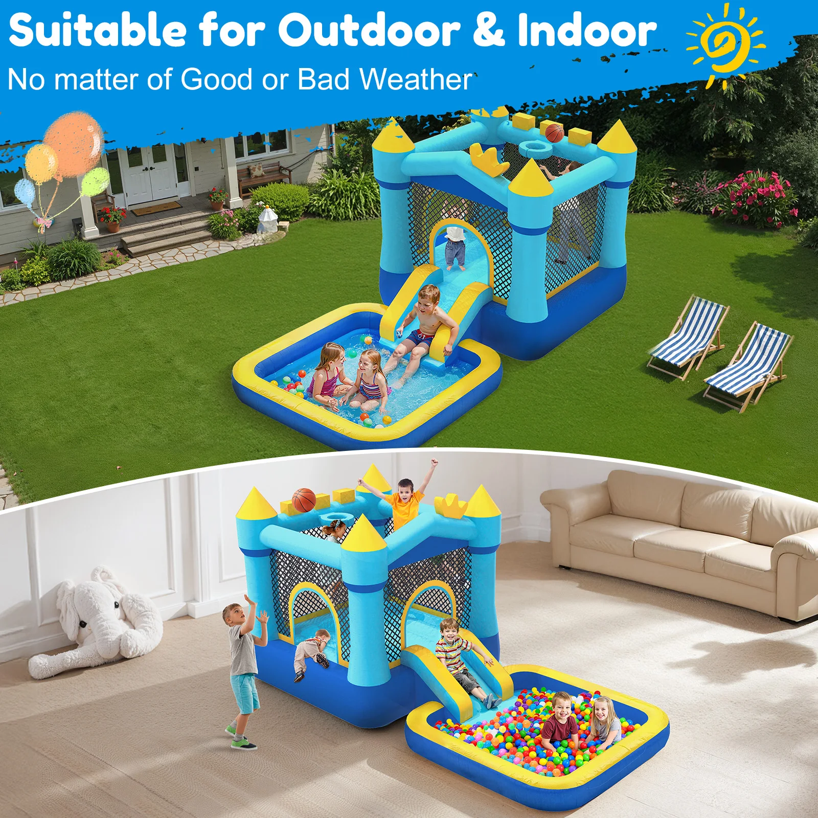 บ้านลมพร้อมสไลเดอร์ สระน้ำ และเครื่องเป่าลม บ้านลมขนาดใหญ่สำหรับเด็กอายุ 3-8 ปี ของขวัญสำหรับงานปาร์ตี้