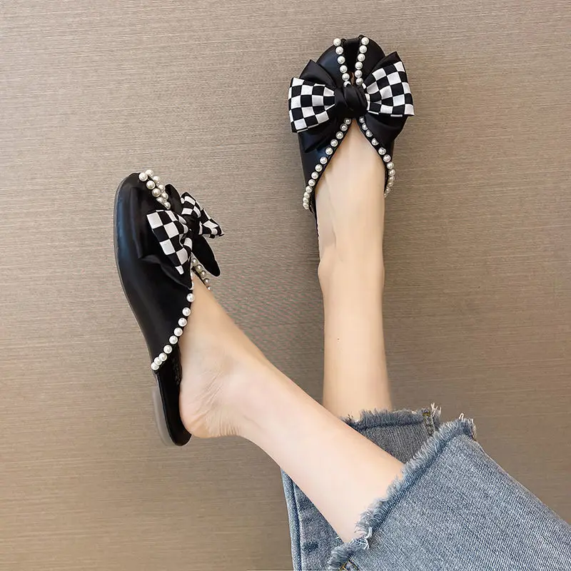 Closed Toe Half Slippers for Women Summer Wear 2022 New Bow Pearl Flat Soft Bottom Peep-Toe Slippers Women