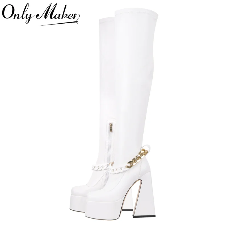 Onlymaker Women Platform Over The Knee Square Toe White Metal Chain Chunky Heeled Western Thigh Winter Handmade Big Size Boots