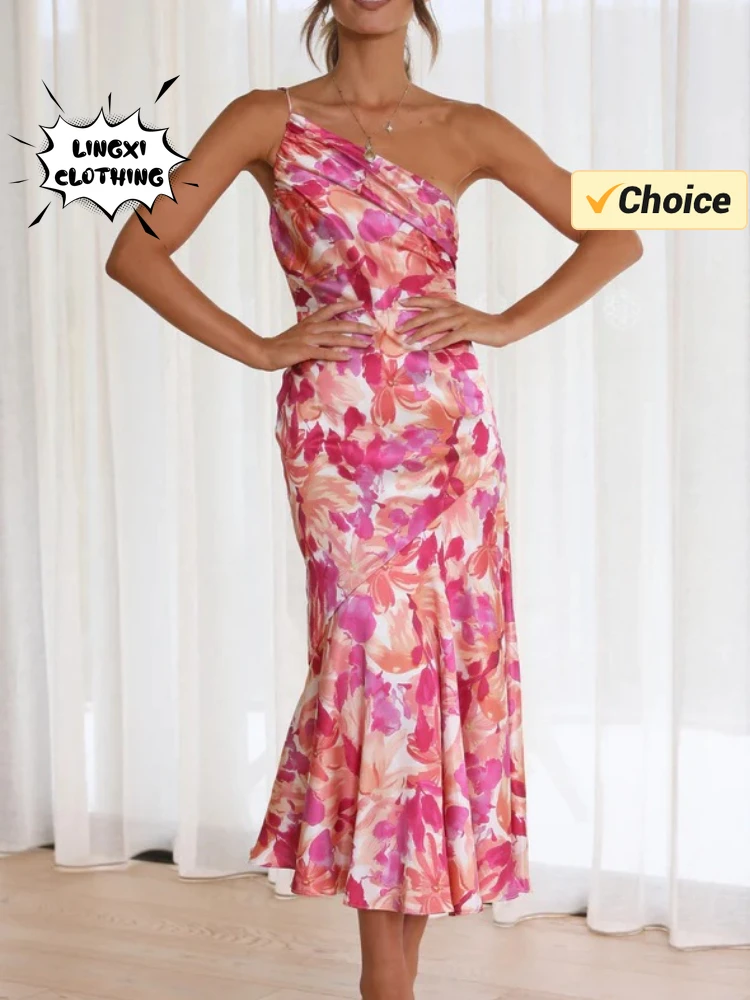 Summer Fashion Summer Skew Shoulder Print Holiday Style elegante abito Sexy da donna temperamento Beach abito lungo a coda di pesce da donna