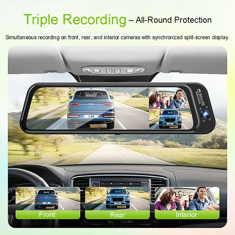4K 3CH Dash Cam Fisheye Wide Angle Streaming 24H Parking Mode APP Control Night Vision Motion G Sensor Loop Recording Car DVR