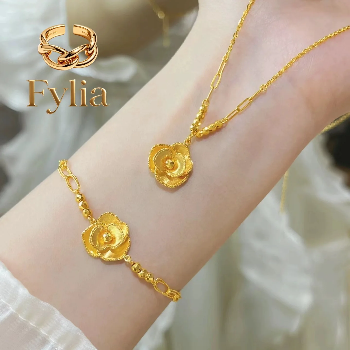 Fylia Jewelry   Luxury 24K 9999 Pure Gold real gold Silk Gold Rose Set Bracelet Women's Brushed Flower Bracelet
