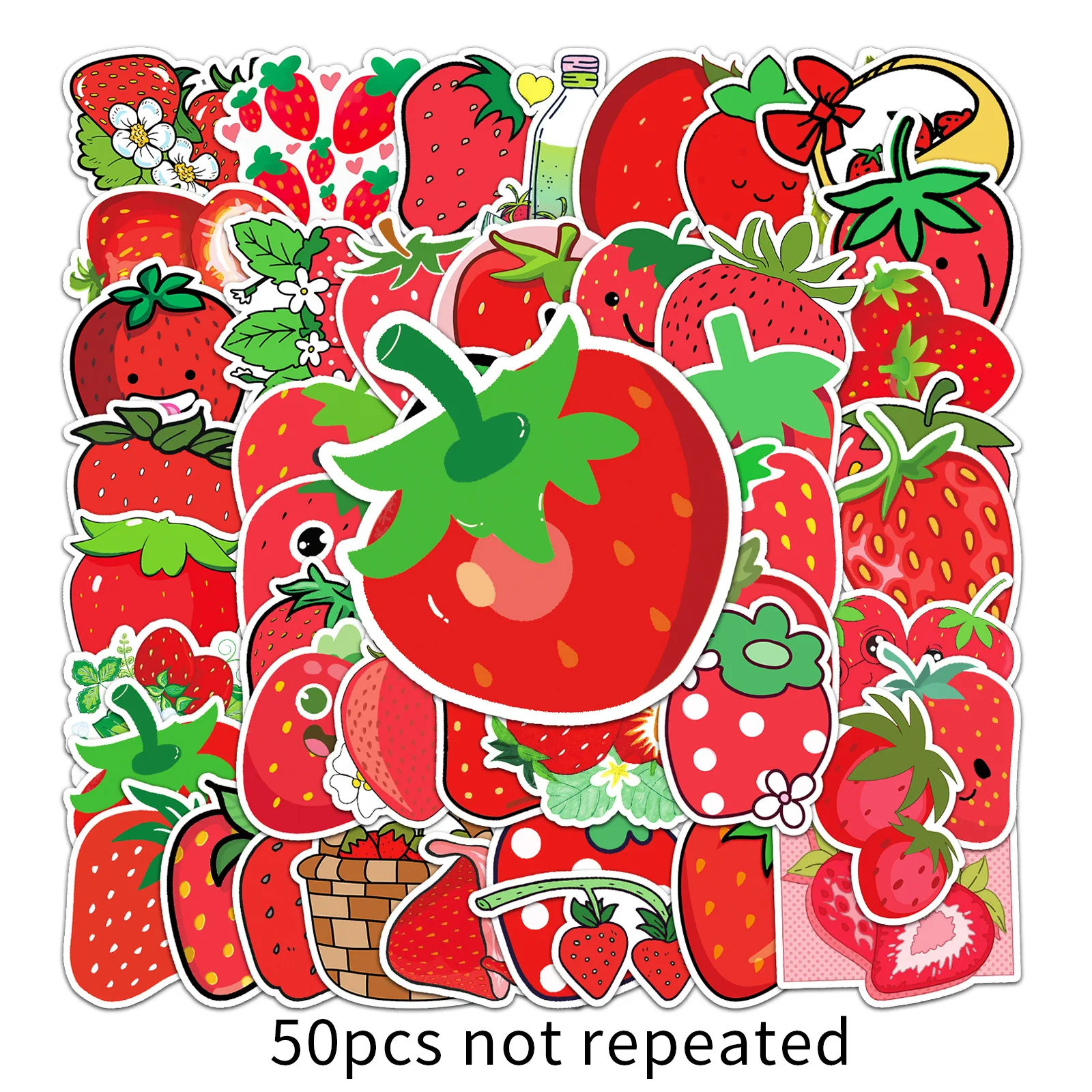 50 Uds. Pegatinas de garabatos de dibujos de fresa, pegatinas de dibujos animados de frutas bonitas, cuaderno, teléfono, guitarra, monopatín, pegatina impermeable, juguete para niños